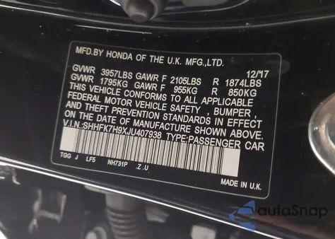 2018 Honda Civic Sport Touring z USA, uszkodzony, nr VIN SHHFK7H9XJU407938